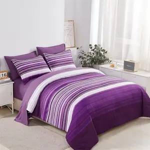 7 a Bag Stripe Comforter King Size, White and Purple Patchwork Striped Comforter and Sheet, Microfiber Complete Sets(Purple,King)
