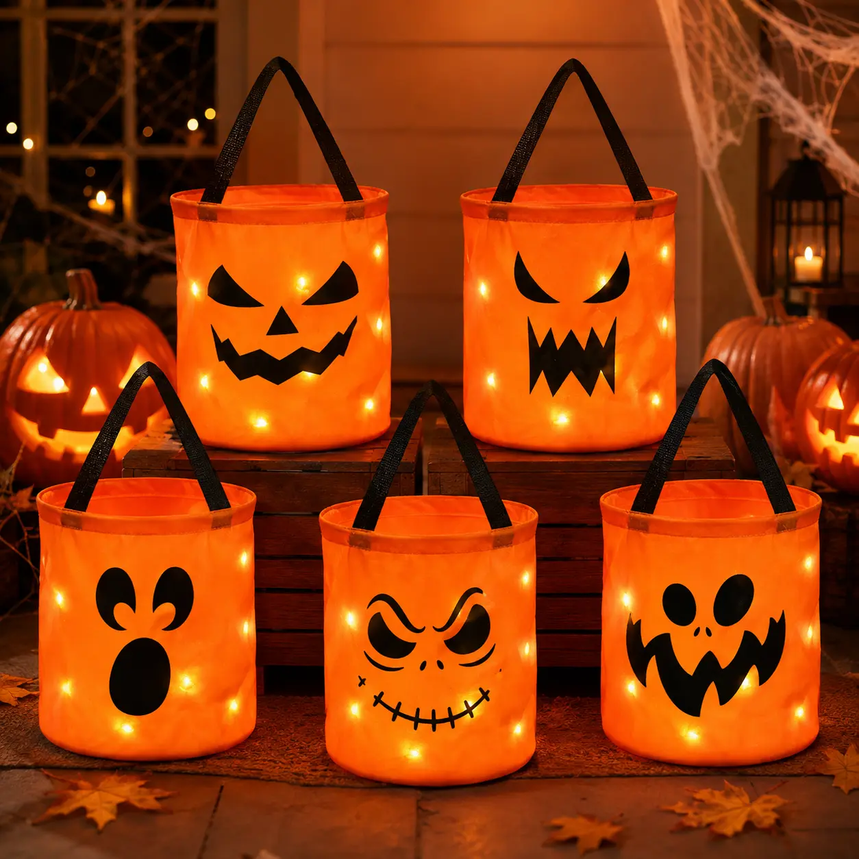Light-Up Halloween Trick-or-Treat Candy Bucket, Orange LED Pumpkin Tote Bag with 7 Spooky Face Styles, Reusable Party Favor Basket, 25.5 x 30 cm