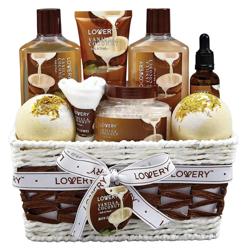 Bath and Body Gift Basket For Women and Men – 9 Piece Set of Vanilla Coconut Home Spa Set, Includes Fragrant Lotions, Extra Large Bath Bombs, Coconut Oil, Luxurious Bath Towel &