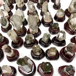 1 Count Green Phantom Quartz Ghost Phantom Quartz Wand With Wood Stand Healing Stones Natural Stone Chakra Balancing Reiki Home Office Decor