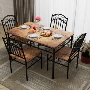 Dining Table Set for 4, 5-Piece Industrial Rustic Wood & Metal Table with Tuck-Away Chairs, Space-Saving Kitchen Dinette Set,Rustic Brown