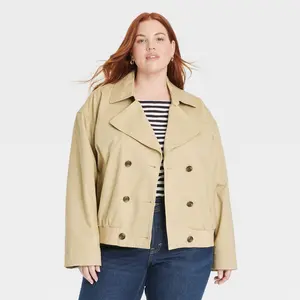 Women's Long Sleeve Trench Coat - Universal Thread Tan XXL: Heavyweight Twill, Drawstring Waist, Button Closure