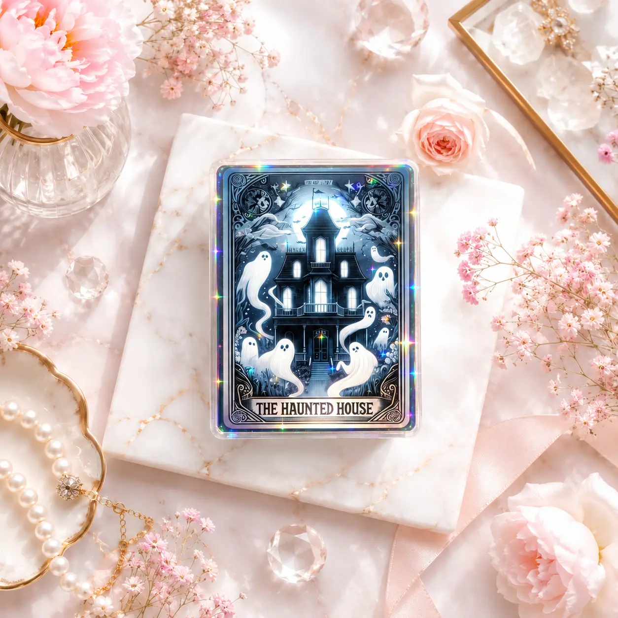Sparkly Ghost Theme Phone Grip, Unique Tarot Inspired Phone Stand, Retractable Grip