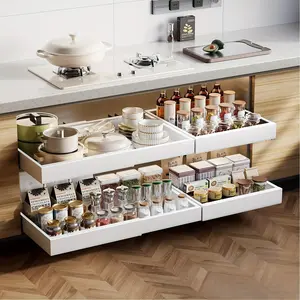 Expandable Pull-Out Cabinet Organizer (12.6" - 20.6" Width), Rust-Proof & Silent Gliding Drawer with Adhesive Nano-Film or Nail Installation, 16.5-inch Deep Sliding Drawer for Kitchen & Pantry