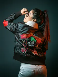 Fanzilla Jackets- Handmade Harley Quinn Bombshell Inspired Women's Bomber Leather Jacket