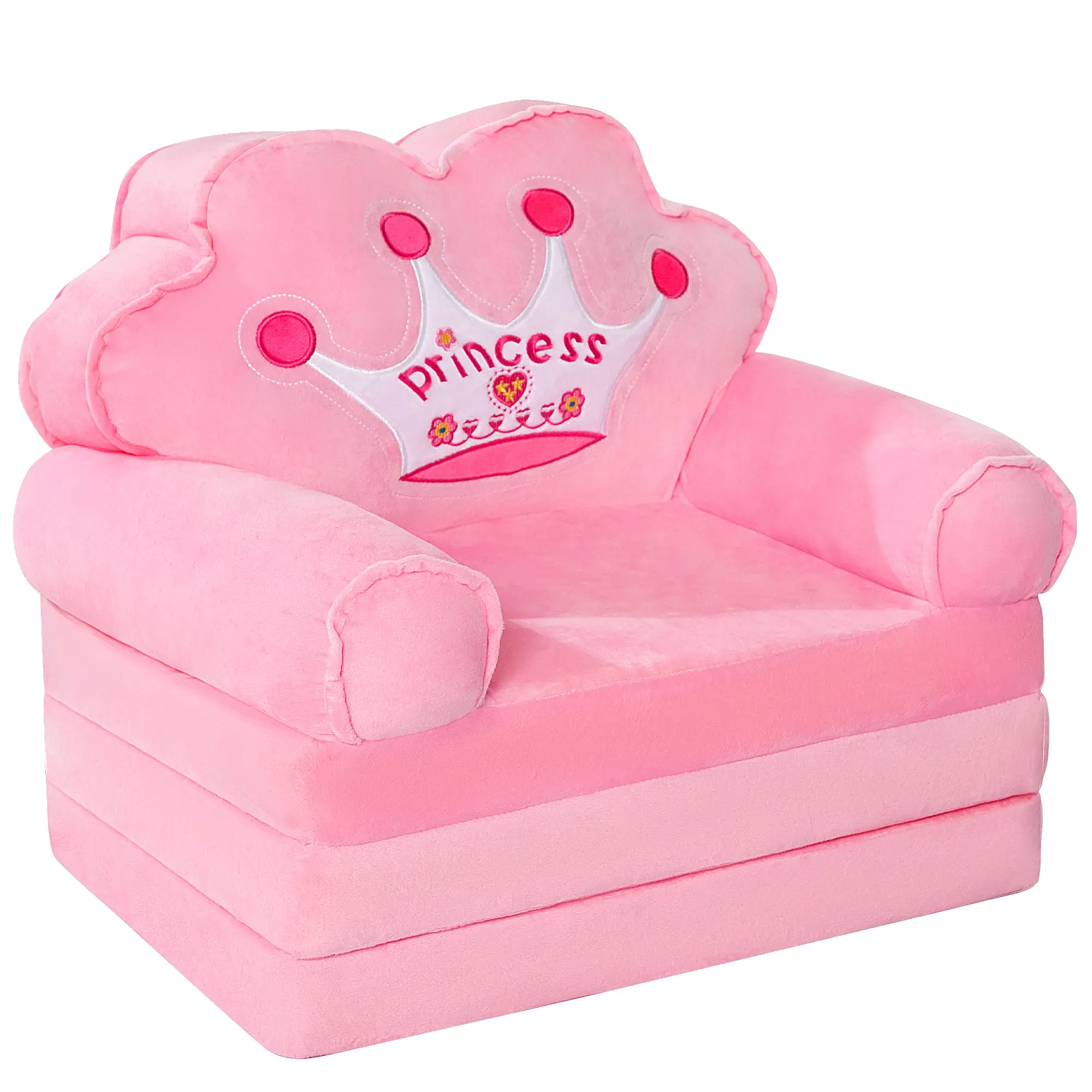 Princess Crown Toddler Sofa Bed - Foldable Plush Kids Couch for 0 - 6 Years, Pink Children’s Furniture