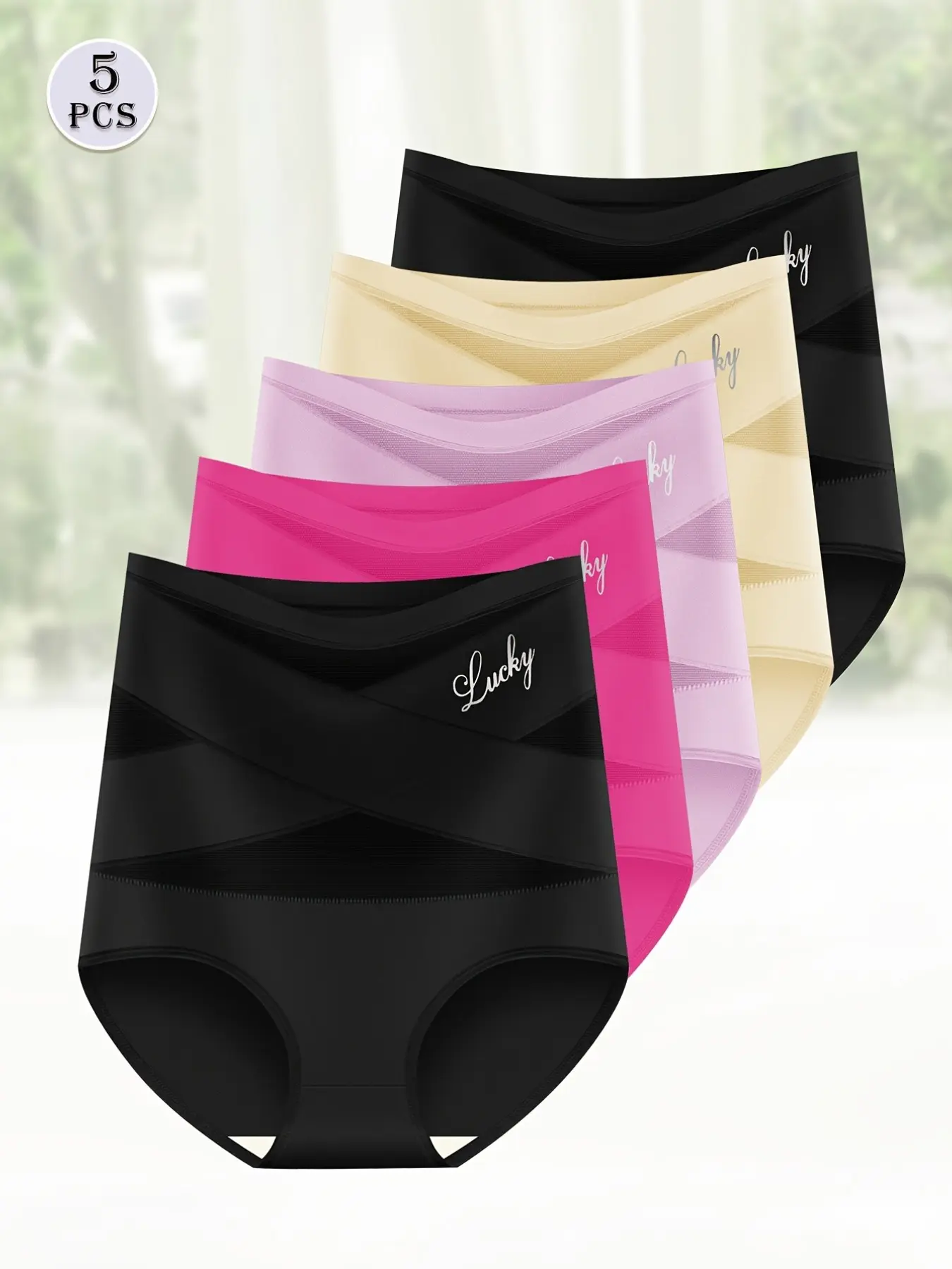 5 Pack Plus Size High Waist Control Women's Underwear, Everyday Casual Breathable Mesh Cross Control Ice Silk Seamless Panties