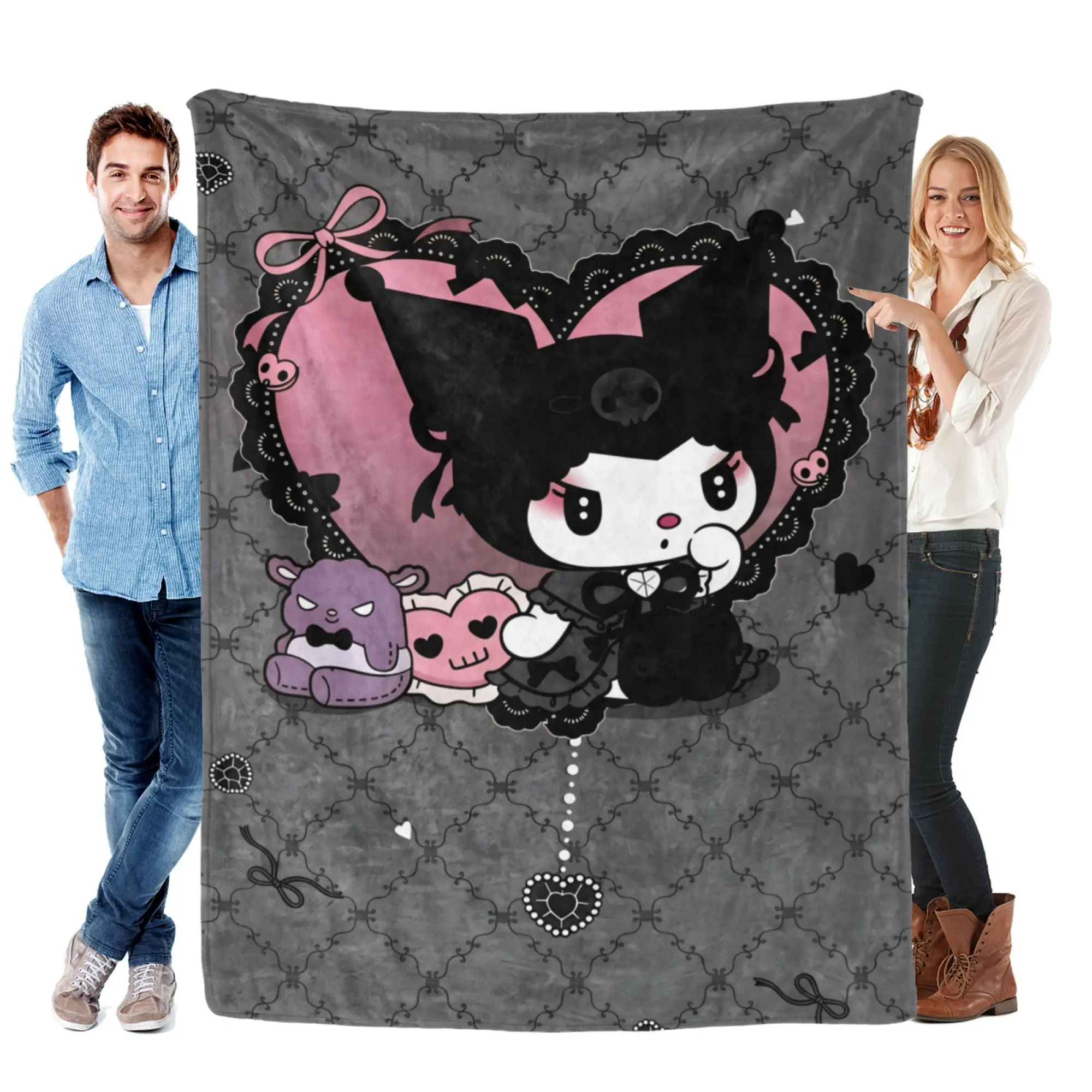 Kuromi Super Soft Grey Fleece Blanket - Kawaii Goth Sanrio Bedding for Sofa & Bed