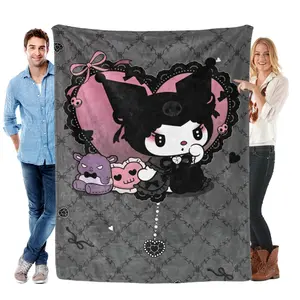 Kuromi Super Soft Grey Fleece Blanket - Kawaii Goth Sanrio Bedding for Sofa & Bed