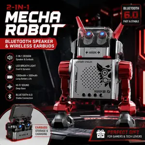2 in 1 Mecha Robot Bluetooth Speaker & Wireless Earbuds | LED Cyberpunk Gaming Gadget | Viral Tech Gift for Gamers