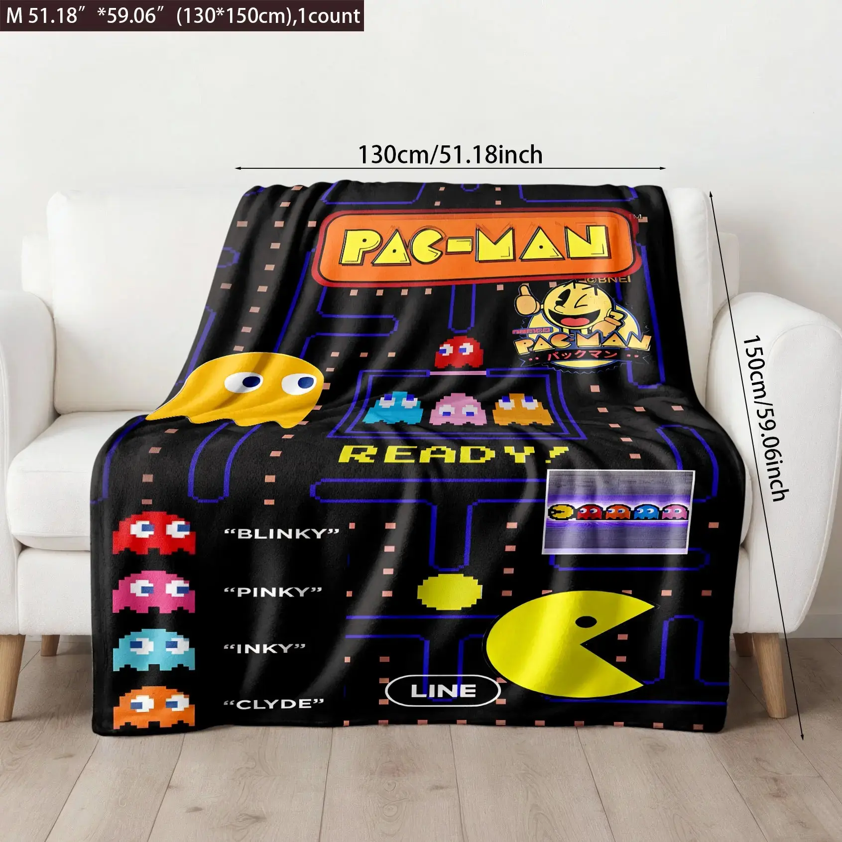 PAC-MAN Retro Arcade Printed Throw Blanket (Vibrant Pixelated Game Scene Pattern) - Super Soft & Skin-friendly, Long-Lasting & Quick-Drying, Machine Washable, Multi-Size for Bed, Sofa, Travel, Camping & Office Naps, I
