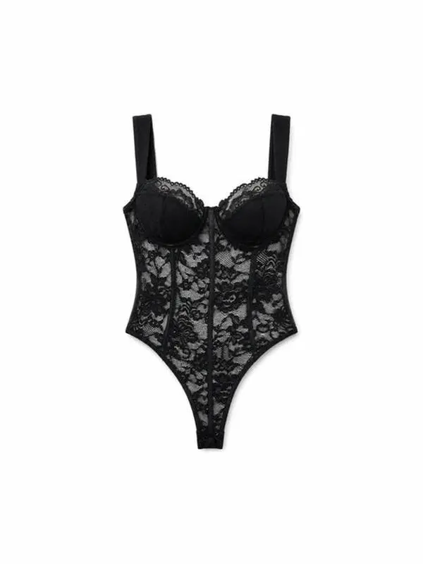ALIELNOSIRRAH 'Lace Dream' Goth Black Lace Sheer Bustier Bodysuit Top, Spaghetti, Lingerie