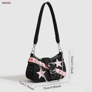 Women's Pink Star Baguette PU Leather Mini Handbag - Trendy Y2K Color Block Shoulder Bag with Lightweight Design, Adjustable Strap, Magnetic Snap for Party, Street Style