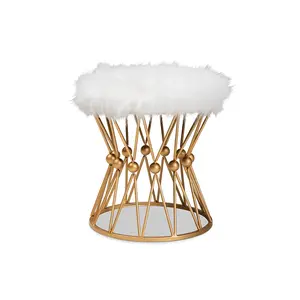 Baxton Studio FJ5A-025-White-Gold-Otto Leonie Glam & Luxe White Faux Fur Upholstered Gold Finished Metal Ottoman
