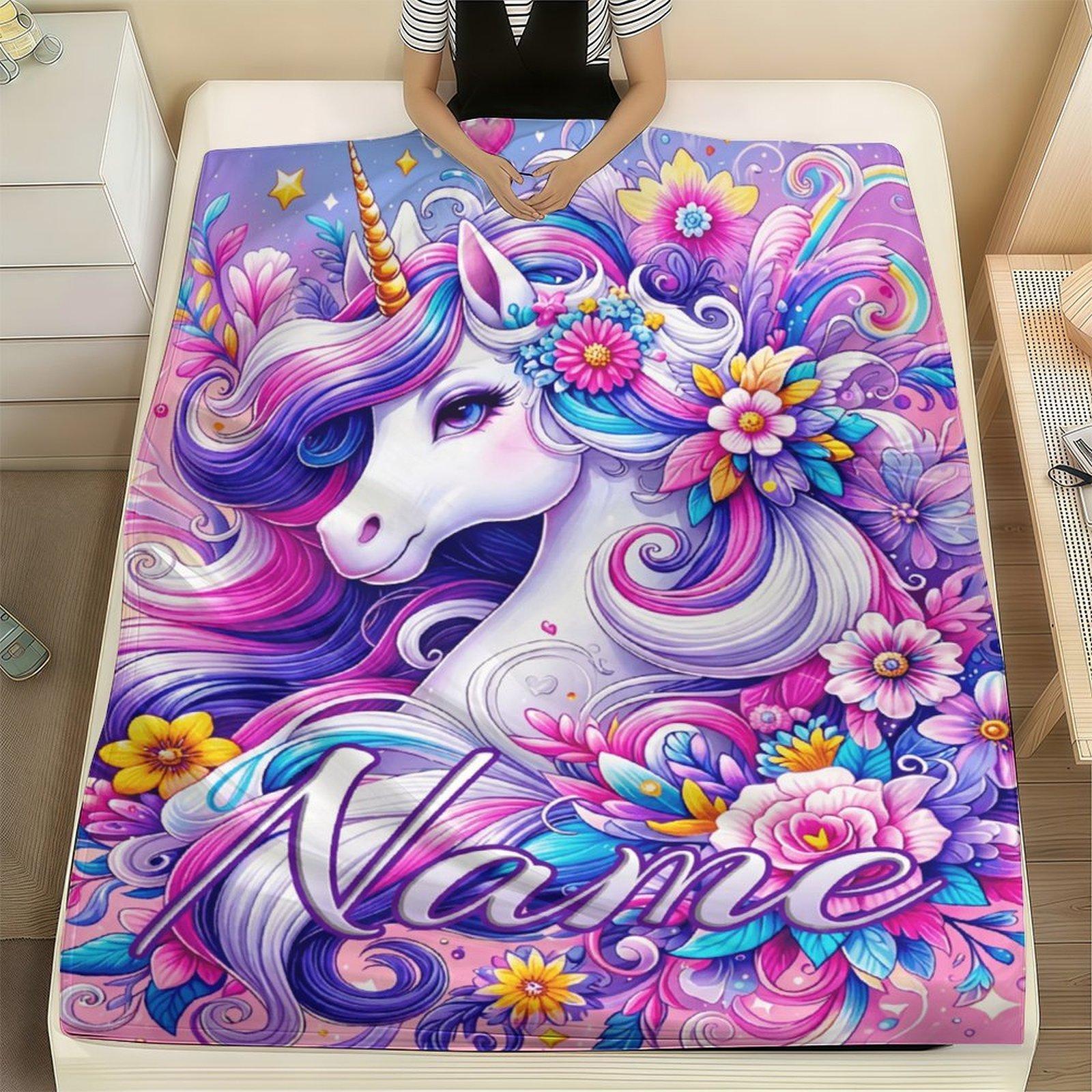 Custom Pink Unicorn Flannel Blanket ,Personalized Name Gift ,Suit for The Sofa, Bed, Travel, Camping, Living Room, Office, Chair，Gifts for Family or Child  ,Friend , Send your custom text via shop chat to personalize