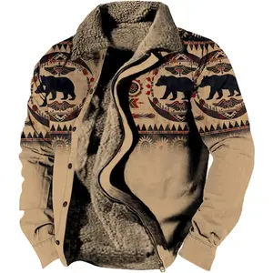 Men's Western Aztec Fleece Jackets Fashion Casual Retro Ethnic Sherpa Jacket Fall Winter Warm Country Cowboy Coats Menswear Soft Big Dress