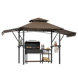8x5 Outdoor BBQ Grill Gazebo, Double-Tiered Canopy with Adjustable Dual Awning, Built-in Shelves, Hooks & LED Lights for Garden & Yard