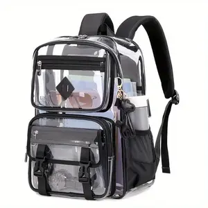 Clear Backpack with Multiple Pockets for School, Travel, and Work – Stylish and Durable Organizer with Front Zipper Compartments, Mesh Side Pockets, and Trendy Keychain Charm Transparent Pink