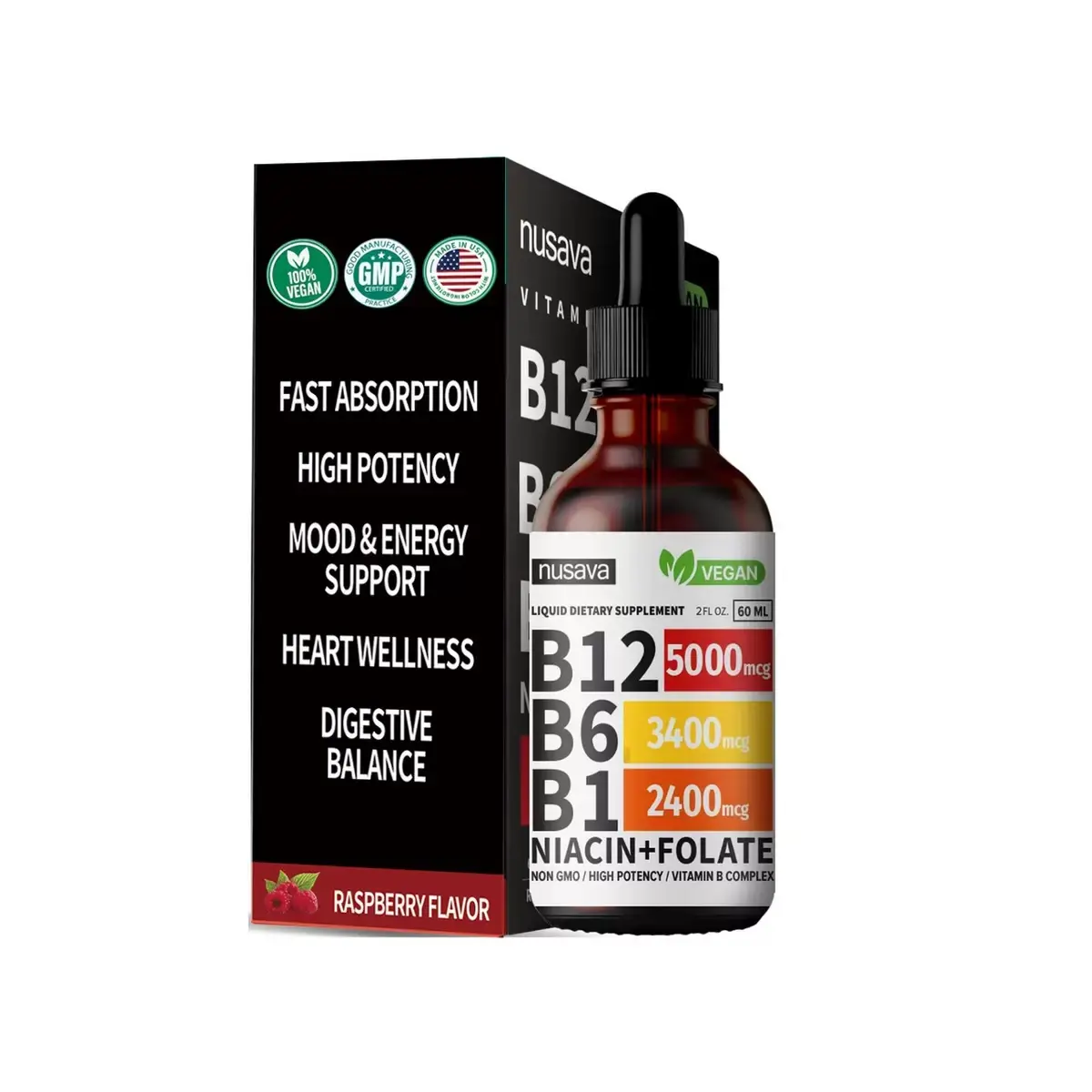 Nusava Vegan Liquid Vitamin B Complex Drops, High Potency B12 5000mcg + B6 + B1 + Niacin + Folate, Fast Absorption Raspberry Flavor Tincture for Energy, Mood, Heart & Digestive Health, 60ml (2 FL OZ), Non-GMO GMP Certified