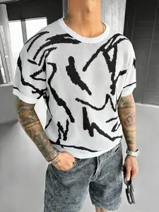 TikMen Geometric Striped Colorblock Knit Sweater, Beachwear, Men's Fitted Casual Short Sleeve Pullover, Women's Patchwork Short Sleeve Top, Knitwear, Menswear, Streetwear