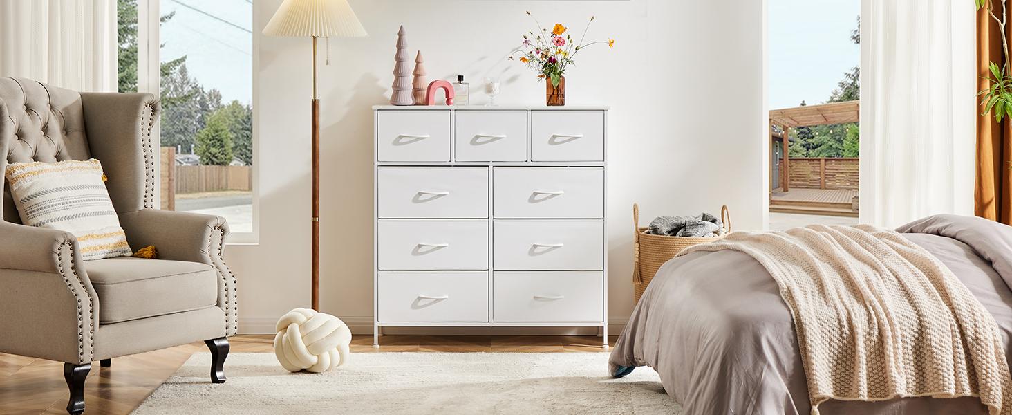 【New Color】Fabric Storage Tower with 9 Drawers, Bedroom Drawer Dresser Organizer, Chest of Drawers with Fabric Bins, Steel Frame and Wooden Tabletop