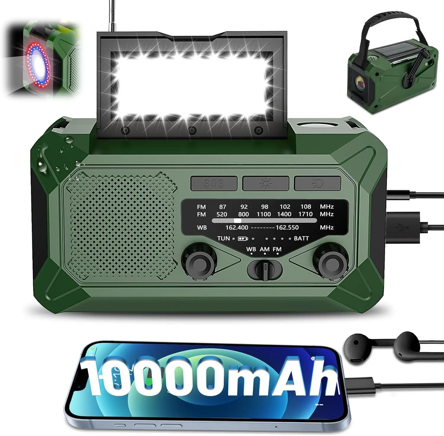 10000mAh Emergency Hand Crank Radio with LED Flashlight, AM/FM NOAA Portable Weather Alert Radio, Solar Powered Radio with Phone Charger, USB Charged, SOS Alarm, Compass for Outdoors Audio Button emergency crank radio
