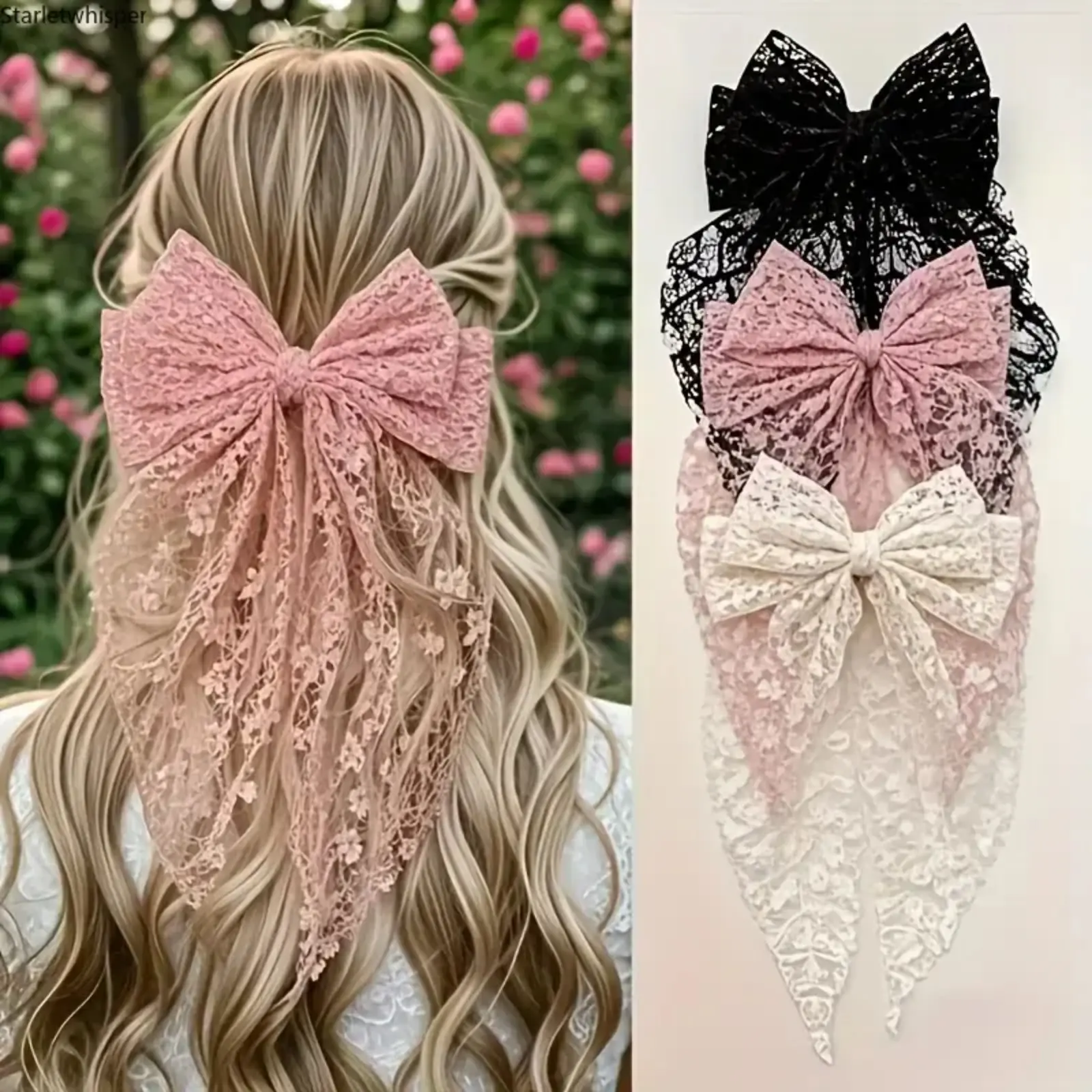 3Pcs Lace Bow Hair Clips, Elegant Ribbon Hairpins, Light sturdy black pink hair accessories, chic daily formal ornaments, perfect decorative hair clips for wedding party gathering and daily hairstyle matching