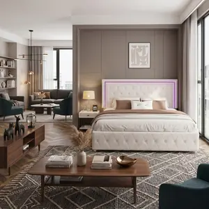 Beige Wood Platform Bed Frame With RGB LED Light Adjustable Velvet Acrylic Headboard Noise Free Wooden Slats Support No Box Spring Needed Modern Bedroom Home Furniture