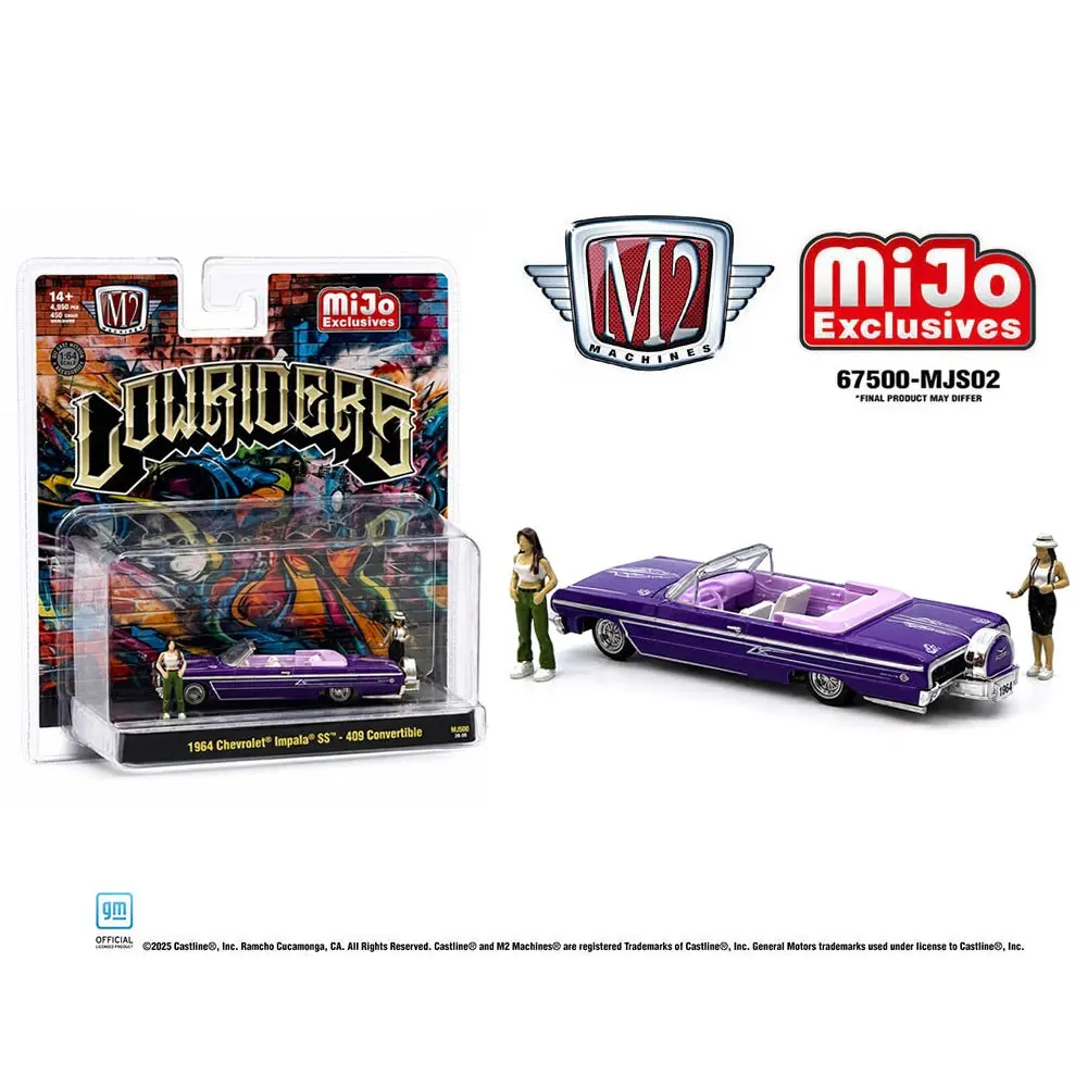 M2 Machines 1:64 Scale Die-Cast Metal Car, 1964 Chevrolet Impala SS Convertible Lowrider - Metallic Purple Mijo Exclusives Diorama Series Display Piece with 2 Figures