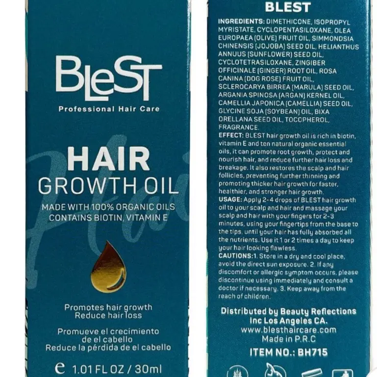 BLEST Hair Growth Oil Made with Organic Oils-Biotin+Vitamin E 1.01 Fl Oz/ BLEST Promueve el crecimiento de el cabello Reduce la pérdida de el cabello Vitamina E +Biotina