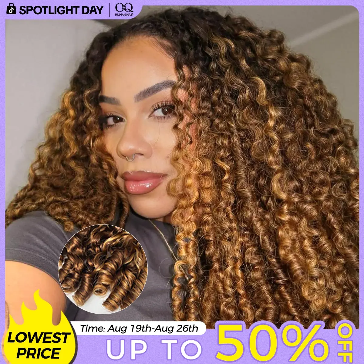 [3 In 1 Half Wig] Burmese Curly Highlight 4/27 Color Wear Go Half Wig With Elastic Drawstring 250% Density Flip Over Wig Human Hair #SohoChic #TikTokShopBackToSchool