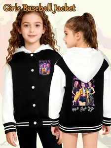 Girls' K-Pop Demon Hunters Hooded Baseball Jacket, Cartoon Huntrix Signature Design, Fun Cartoon Pattern, Comfortable Casual Fitted Cut Outerwear, Soft Fabric, Trendy Kids Clothing, Casual Comfy Jacket