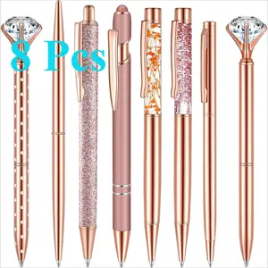 9 Pcs Rose Gold Ballpoint Pens Set with Metal Crystal Diamond Design for Women - Fancy Pens for Journaling, Writing, Gifts