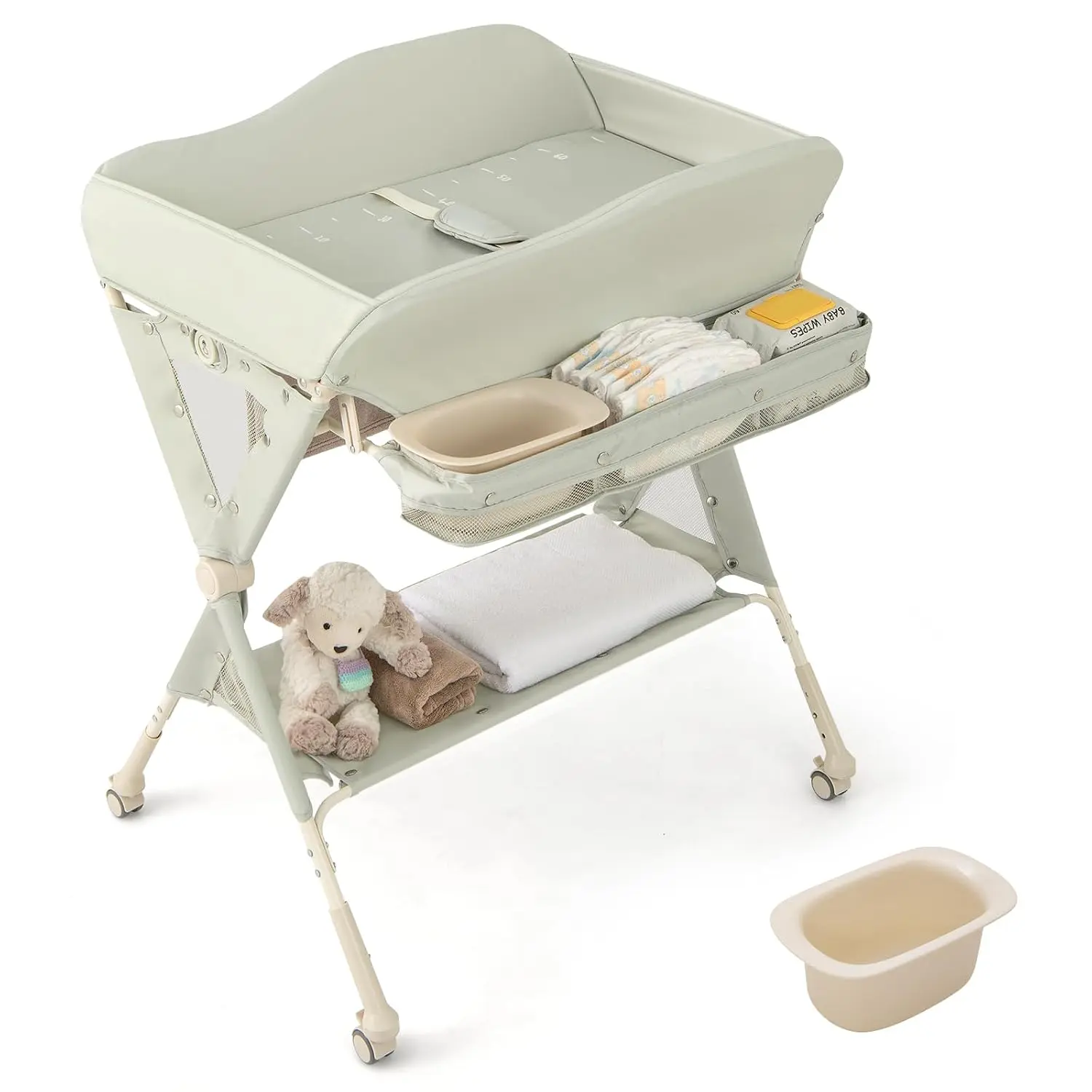 Portable Baby Changing Table, Foldable Diaper Changing Station w/Wheels, Adjustable Height, Large Storage Rack, Water Basin, Safety Belt, Mobile Nursery Organizer for Newborn Infant