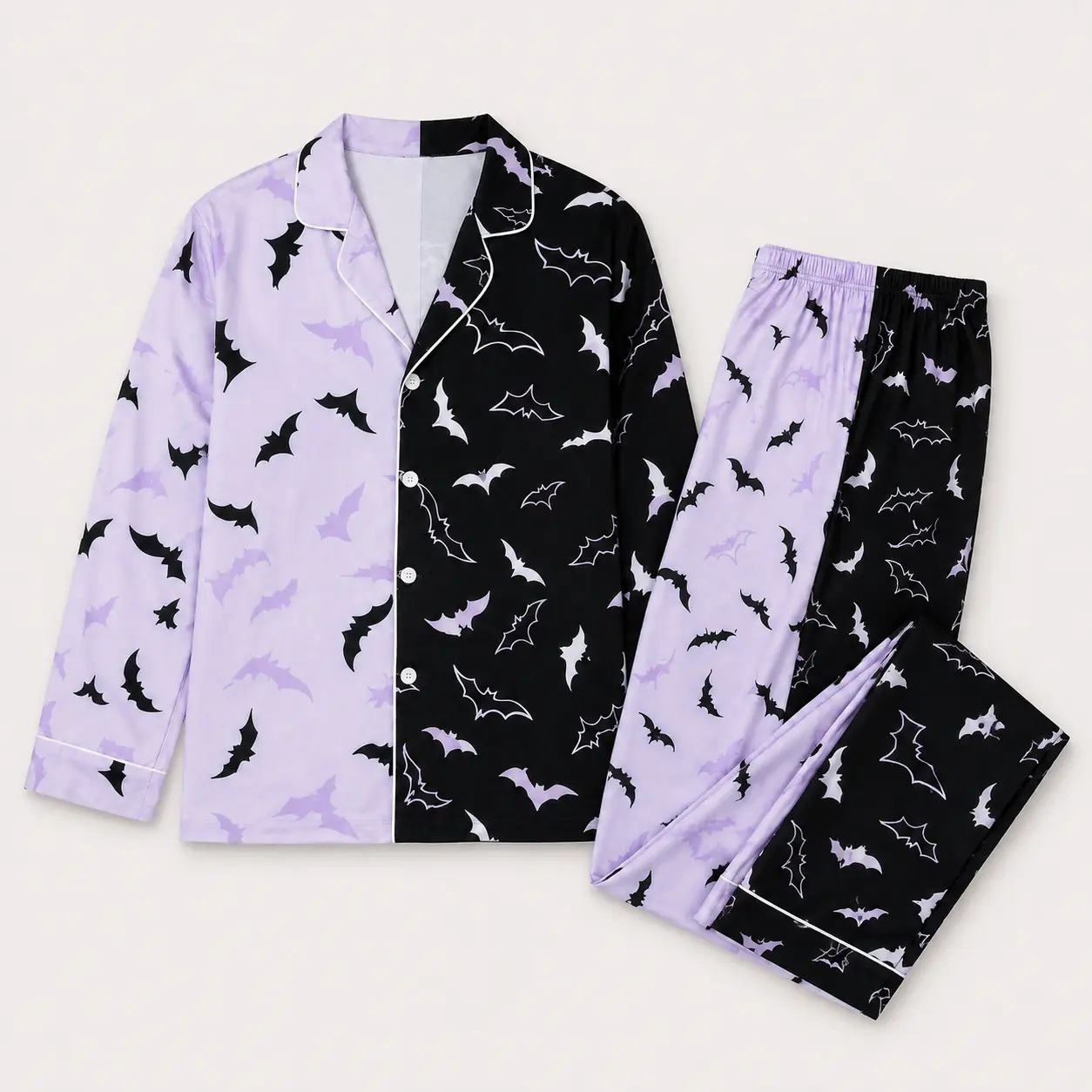 Unisex 2-Tone Black & Lavender Halloween Bat Pajama Set, Long-Sleeve Button-Down Top with Matching Pants, Gothic Couple Sleepwear, Cozy Fall Men's Loungewear