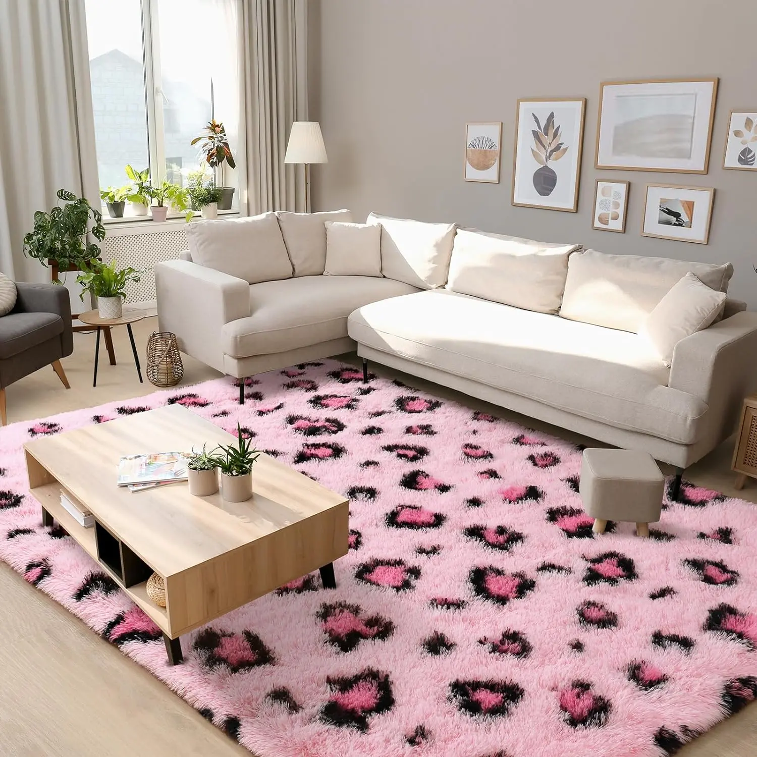 Pink Leopard Print Furry Soft Shaggy Fuzzy Fluffy Rug, Super Soft Washable Plush Home Decorative Rug for Living Room, Bedroom - Small Size, Furry Soft Rugs
