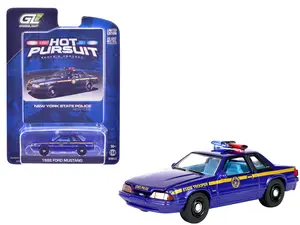 1988 Ford Mustang "New York State Police" Blue with Yellow Stripes and Blue Interior 1/64 Diecast Model Car by Greenlight