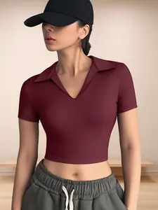Y2K Sweet Cool Polo Short Sleeve, High Stretch Skin-Friendly, Belly-Revealing Layering Essential, Trendy V-Neck Slimming Fit