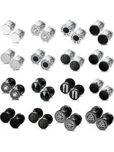 16Pairs Stainless Steel Tunnel Fake Gauge Stud Earrings for Men Women Round Plug Earrings 18G Ear Studs