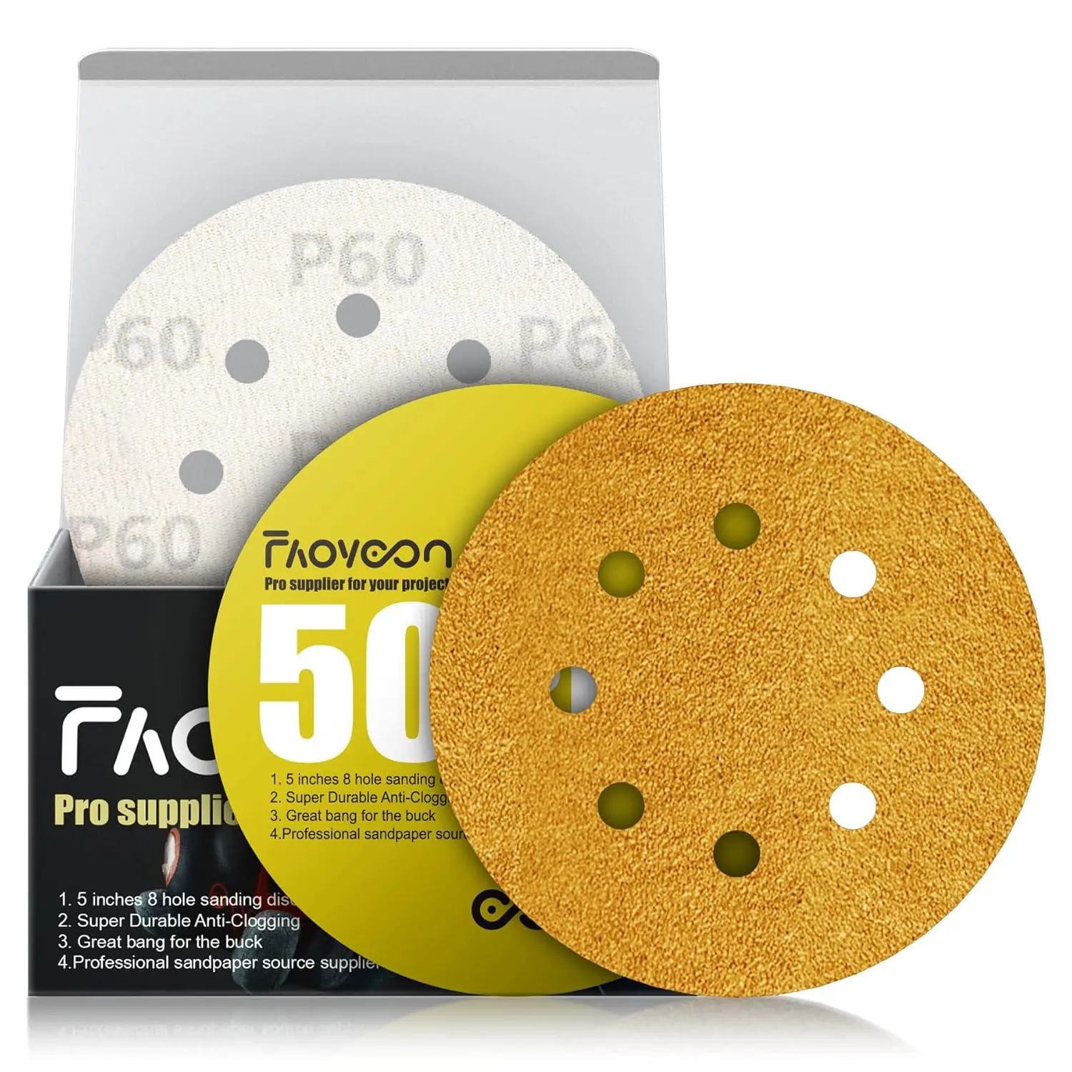 5 Inch Sanding Discs Hook and Loop | 60 Grit Sandpaper | Orbital Sander Pads | Sand Paper for Automotive and Woodworking | 50 Pack