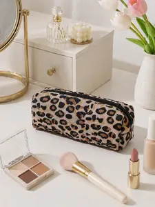 Leopard print quilted makeup bag, portable travel toiletry storage box for women, cute zipper makeup case to store brushes and essentials