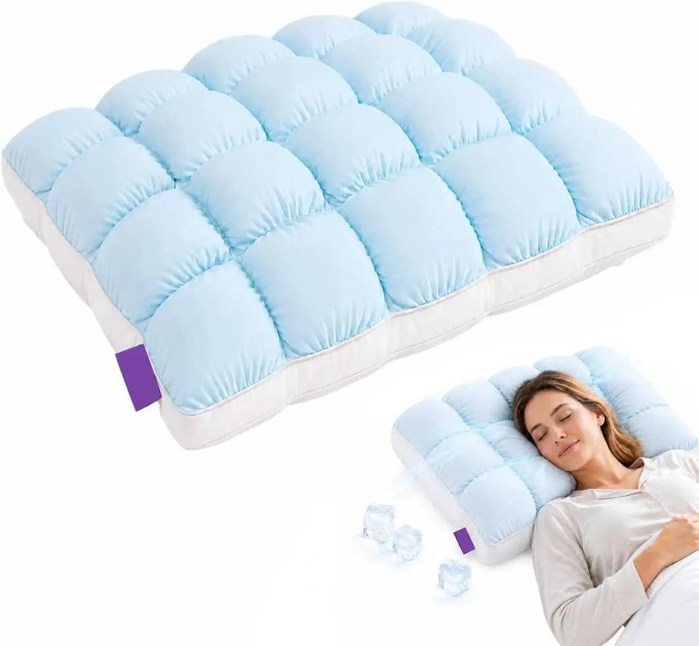 1 PCS Cooling Sleeping Pillow - Ice-Silk Breathable Touch, Quilted Grid Design, for Side & Back Sleepers, Machine Washable Fluffy Cloud Pillow