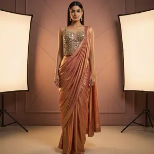 Partywear Designer Ready to Wear Saree - Formal Womenswear in Peach and Gold