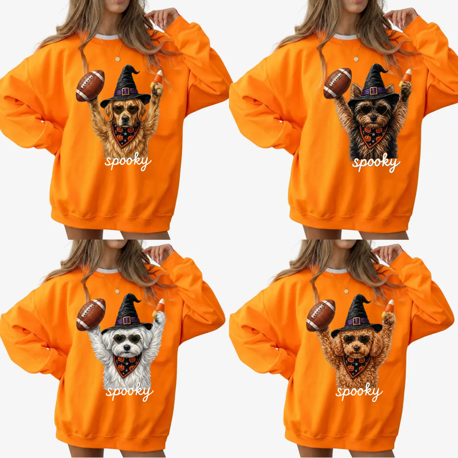 30+ Dog Breeds Football Halloween Sweatshirt, Spooky Puppy Game Day Crewneck, Cute Football Dog Graphic Pullover, Fall Sports Fan Sweatshirt, Unisex Crewneck