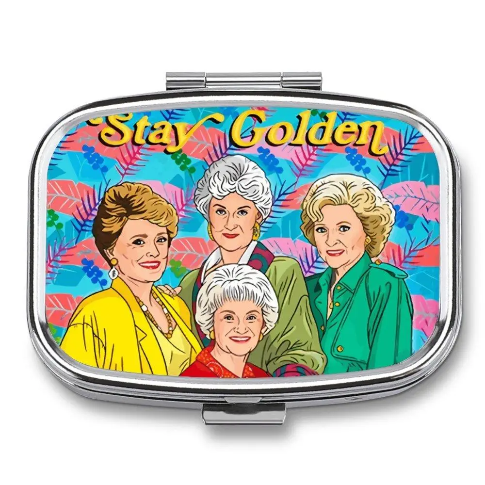 Stay Golden Letter Pattern Pill Box, 1 Count 2 Compartment Portable Pill Case, Mini Storage Box with Mirror for Home Travel