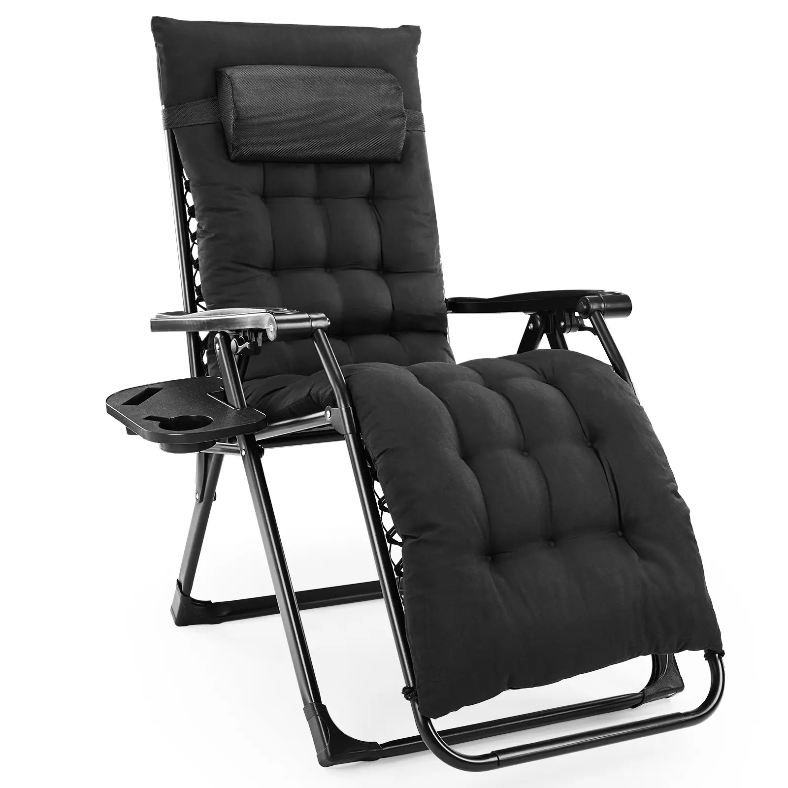 Zero Gravity Chair, Reclining Camping Lounge Chair, Reclining Patio Chairs with Cup Holder Trays and Removable Cushion, Folding Recliner for Indoor an