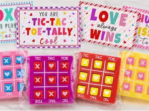 Valentine's Day Gifts for Kids 24 Pack Valentine Cards with Keychain Party Favors for Classroom Exchange Kids Valentine Cards & Keychains Set Fully Assembled and Ready to Go Tic Tac Toe Toys