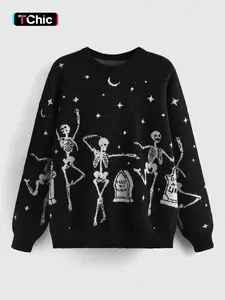 Women's Halloween Skeleton & Star & Moon Print Round Neck Sweater, Casual Long Sleeve Crew Neck Jumper for Fall, Halloween Costumes, Fashion Ladies' Knitwear for Daily Wear, Womenswear