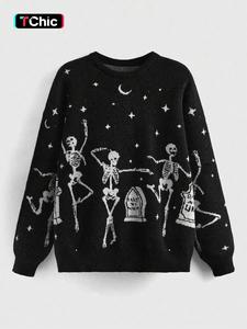 women's skeleton & star & moon print round neck sweater, casual long sleeve crew neck jumper for fall, halloween costumes woman 2024, fashion ladies' knitwear for daily wear vintage holiday clothing, halloween costume,  womenswear  spirit halloween 2024