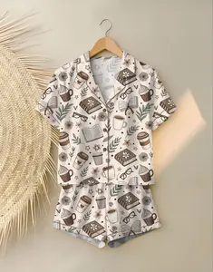 Women’s Beige Coffee And Books Reading Lover Girly Bookish Print Short Sleeve Satin Pajama Set, Long Sleeve Satin Pajama Set